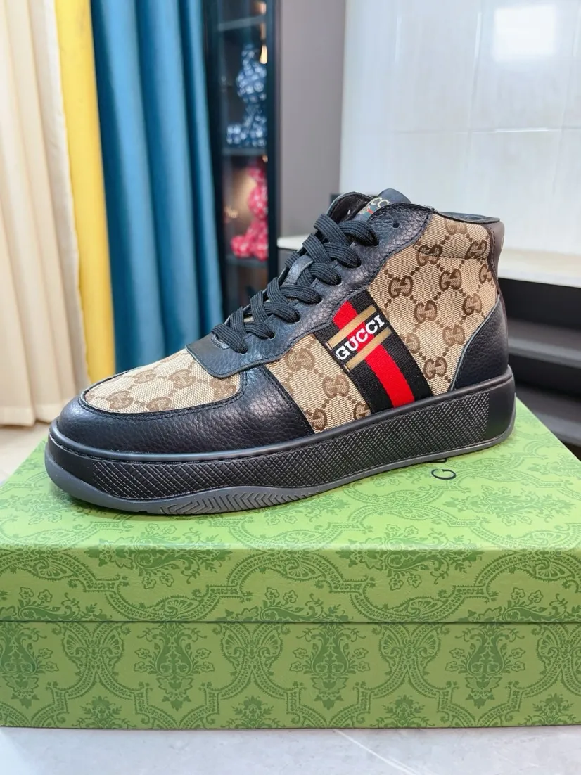 Men's shoes 💰438🌹🌹GUCCI [Gucci] New high-top men's shoes, a high-end brand, the latest fashionable casual men's shoes, trendy and versatile, relaxed and sporty style, uppers imported from Italy, first-layer cowhide, genuine leather lining, and ultra-fine workmanship. Original personalized fashionable rubber wear-resistant outsole, light and comfortable on the foot, size 38-44